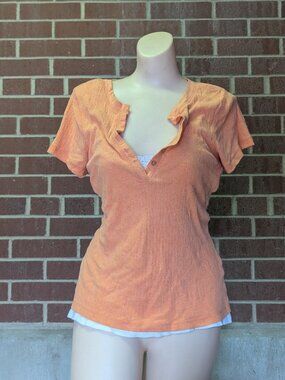 2010 Currants Ribbed Henley Tee Womens XL Orange Coral Y2K Ribbed Knit T-Shirt
